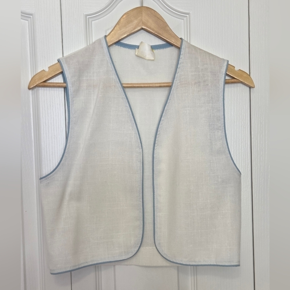 Vintage White Sleeveless Vest with Blue Trim